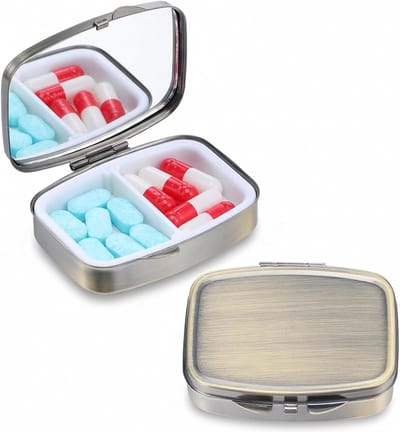 Pillendoos met spiegel en 2 compartimenten - Vintage design - Draagbare medicijncontainer voor vitaminen en supplementen - Reis-pillendoos met metalen behuizing