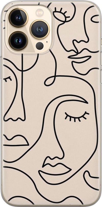 Leuke Telefoonhoesjes - Hoesje geschikt voor iPhone 13 Pro Max - Abstract gezicht lijnen - Soft case - TPU - Print / Illustratie - Beige