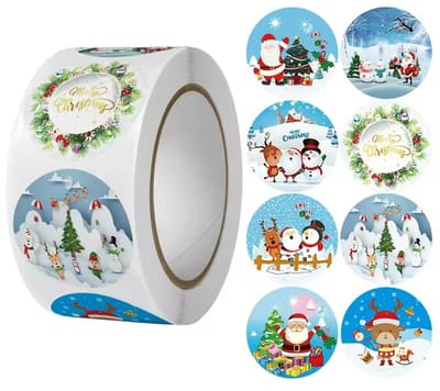 Fako Bijoux - 500 Kerst Stickers Op Rol - 2.5cm - Kerststickers - Christmas Stickers - Label Kerst - Sluitzegel - Merry Christmas Snow Mix - 25mm