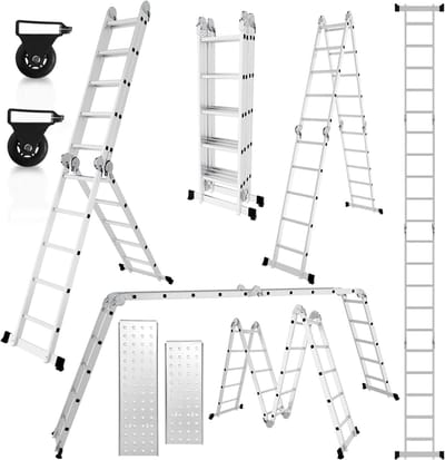 Multifunctionele ladder - Vouwladder steiger - Klusprojecten uitvoeren - Met platform en wielen - 582 cm lengte - Zilver
