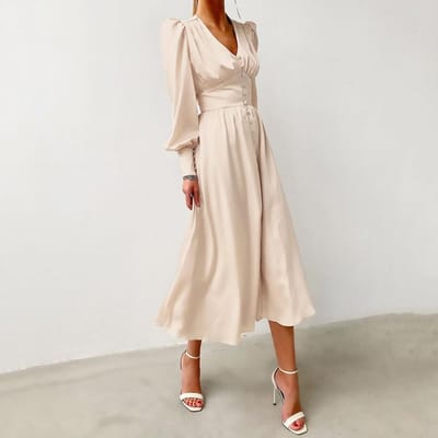 Witte enkelrijs elegante jurk voor vrouwen feestjurk hoge taille satijnen lange jurk S beige