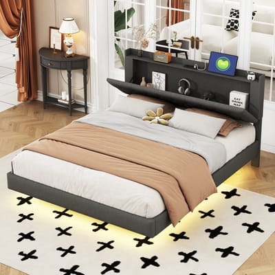 DESMIU Gestoffeerd Bed 160x200cm - LED Verlichting Met Kleurwissel En Oplaadpoort - Opklapbare Nachtkast Opbergruimte - Voor Slaapkamer - Linnenstof - Grijs - Zonder Matras