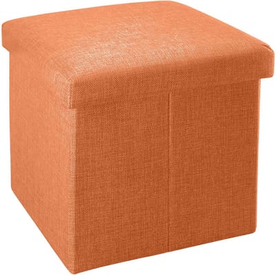 Intirilife Opvouwbaar krukje 30x30x30 cm in MANDARINE ORANGE - Zitkubus met opbergruimte en deksel van stof in linnenlook - Zitkubus voetensteun opbergbox kist bankzitting