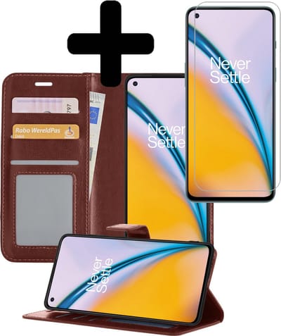 Hoesje - Met Screenprotector - Geschikt voor OnePlus Nord 2 - Luxe Pasjeshouder - Bookcase Portemonee - Flip Case - Kunstleer Book Case - Flipcase - Book Cover - Walletcase - Portemonneehoes - Telefoonhoesjes - Bruin
