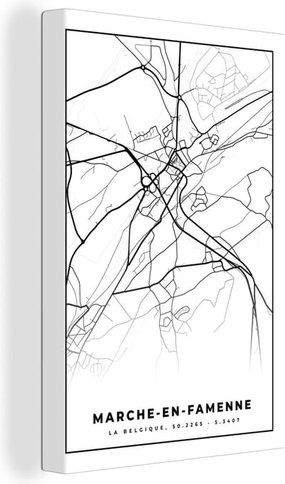 Canvas Schilderij België – Marche en Famenne – Stadskaart – Kaart – Zwart Wit – Plattegrond - 20x30 cm - Wanddecoratie