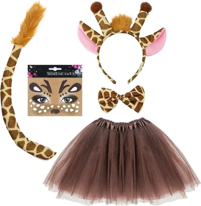 Giraffenkostuum voor kinderen met oren, haarband, vlinderdas en gezichtstattoo voor Halloween en carnaval, feestoutfit met tutu en dierenoren