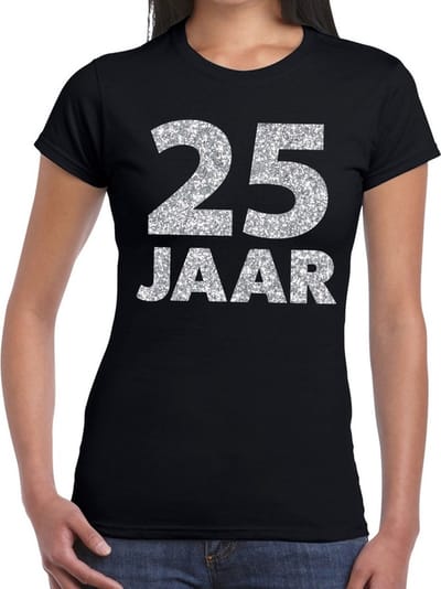 25 jaar zilver glitter verjaardag t-shirt zwart dames - verjaardag / jubileum shirts XS