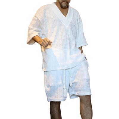 2 Stuks/Set Mannen Zomer Outfit V-hals Korte Mouw T-shirt Elastische Trekkoord Taille Zakken Wijde Pijp Shorts Set Effen Kleur Breien XL white