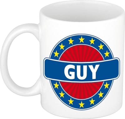 Bellatio Decorations - Guy voornaam - koffiemok - beker - wit/blauw - 300 ml - Cadeau - Heren - Collega - Vaderdag - Verjaardag