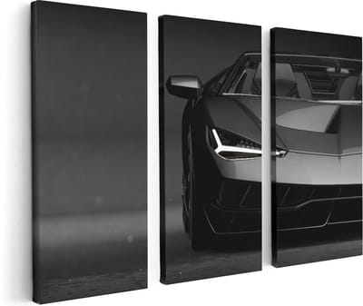Artaza Canvas Schilderij Drieluik Zwarte Sportwagen Auto - 120x80 cm - Wanddecoratie Woonkamer - Schilderijen - Muurdecoratie