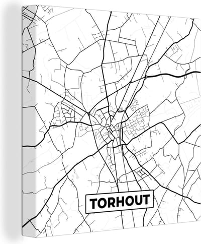 Canvas Schilderij Zwart Wit – België – Plattegrond – Stadskaart – Kaart – Torhout - 20x20 cm - Wanddecoratie