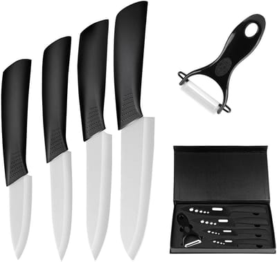 SnelShoppen - 4-delig Keramisch Messen Set met Beschermhoes, Keukenmes Set voor Vlees, Groenten, Fruit en Schiller, Comfortabele Handgreep, Ideaal Cad