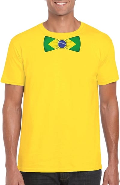 Geel t-shirt met Braziliaanse vlag strikje heren - Brazilie supporter S
