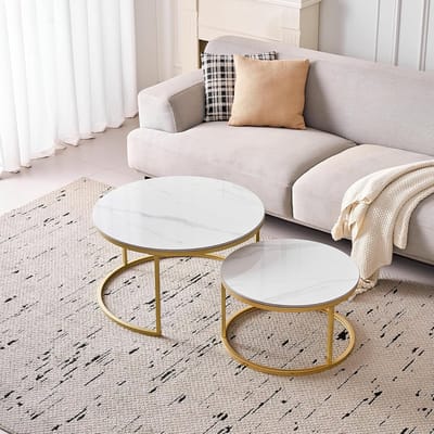 Set van 2 uittrekbare salontafels met keramisch tafelblad - Industrieel design voor woonkamer, slaapkamer, kantoor en balkon (wit/goud, 80 cm)