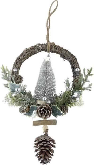 White Berry Rotan Kerstkrans Ø 39 cm – Witte Deurkrans met Dennenappels, Sneeuw en Mini Kerstboom – Landelijke Kerstdecoratie voor Deur, Muur, Raam en Schouw