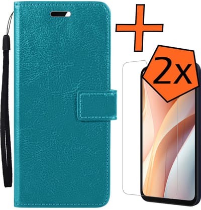 Hoes - Met 2x Screenprotector - Geschikt voor Samsung Galaxy A15 - Luxe Pasjeshouder - Bookcase Portemonee - Flip Case - Kunstleer Book Case - Flipcase Hoes - Book Cover - Walletcase - PortemonneeHoes - Turquoise