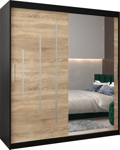 InspireMe - Kledingkast met 2 schuifdeuren, Modern-stijl, Een kledingkast met planken en een spiegel (BxHxD): 180x200x62 - MALTESE II 180 Zwart Mat + Sonoma Eik