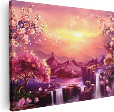 Artaza Canvas Schilderij Zonsondergang Bergen - 40x30 cm - Klein - Wanddecoratie Japandi - Muurdecoratie Bloesem - Kamer Accessoires Waterval