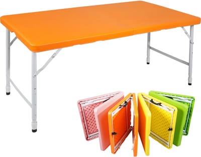 MODFU Buitentafel 125x61x58-74 cm van kunststof en ijzer, inklapbaar en in hoogte verstelbaar, oranje