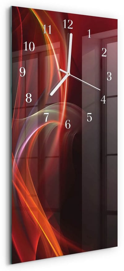 Tulup Wandklok - Abstracte lijnen Glazen Klok Met Print - 30x60 cm - Rood Moderne Glazen Wandklok - Witte Handen - Rechthoekige Wandklok - Klok Glas Met Opdruk - Moderne Wandklok Glas