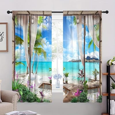 2 stuks Blauwe Lucht Palmboom Strand 3D Digitaal Print Gordijn Huishoudelijke Decoratie Tunnelgordijn Voor Woonkamer Kantoor Huis 2x75W166H(CM)&hook