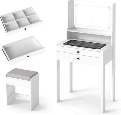 Kaptafel met 3 Kleuren LED Spiegel, Stopcontact en Kruk