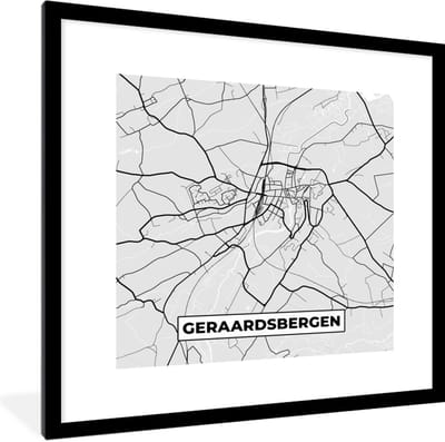 Fotolijst incl. Poster Zwart Wit- Stadskaart – Plattegrond – België – Zwart Wit – Geraardsbergen – Kaart - 40x40 cm - Posterlijst