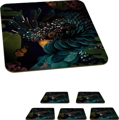 Onderzetters voor glazen - Kaketoe - Groen - Vlinder - 10x10 cm - Glasonderzetters - 6 stuks