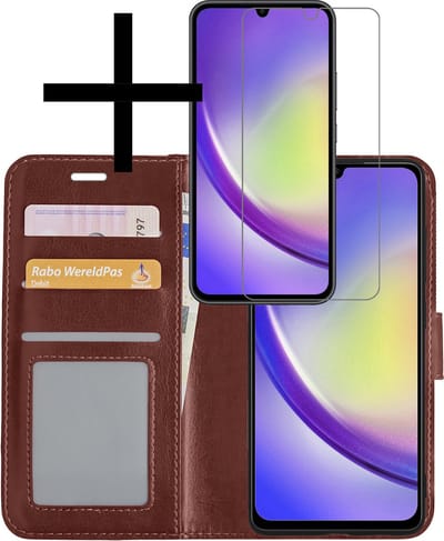 Hoesje - Met Screenprotector - Geschikt voor Samsung Galaxy A34 - Luxe Pasjeshouder - Bookcase Portemonee - Flip Case - Kunstleer Book Case - Flipcase - Book Cover - Walletcase - Portemonneehoes - Bruin