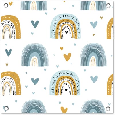 Tuinposter 50x50 cm - Tuindecoratie Patroon - Regenboog - Hartjes - Poster voor in de tuin - Buiten decoratie - Schutting tuinschilderij - Tuindoek muurdecoratie - Wanddecoratie balkondoek