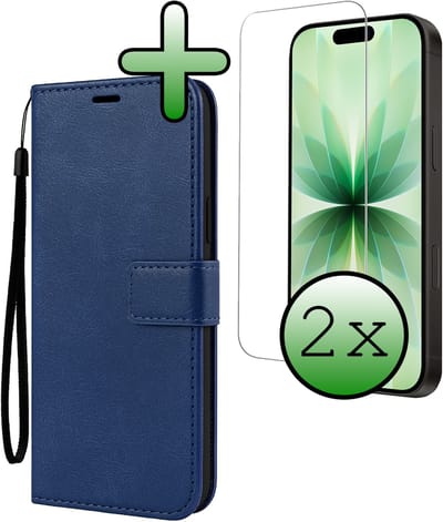 Hoesje Met 2x Screenprotector - Geschikt voor Apple iPhone 17 - Luxe Pasjeshouder - Bookcase Portemonee - Flip Case - Kunstleer Book Case - Flipcase Hoes - Book Cover - Walletcase - Portemonneehoes - Donkerblauw