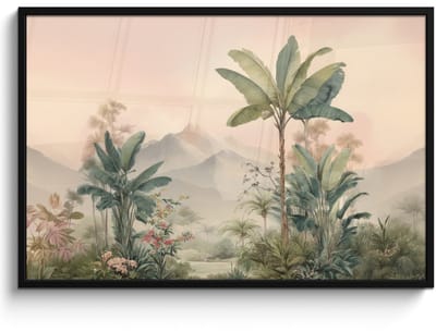 Poster in lijst - Fotolijst 120x80 cm - Posters - Tropisch landschap - palmbomen - Bloemen - Roze lucht - Posterlijst zwart - Decoratie - Wanddecoratie woonkamer - Muurdecoratie slaapkamer