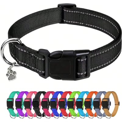 Collier pour chien avec empreinte de patte et fil réfléchissant, Accessoires pour animaux de compagnie, Collier réfléchissant en nylon, pour chiens de grande/moyenne/petite taille, Taille réglable S noir