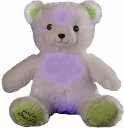 Gaston de super zachte witte teddybeer van 40 cm, verandert van kleur in softe pasteltinten en wiegt met een zacht muziekje de baby in slaap..