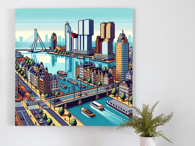 Pixel art rotterdam schilderij | Rotterdamse skyline in geanimeerde pixels: een digitale kunstbeleving | Kunst - 75x75 centimeter op Forex | Foto op Forex