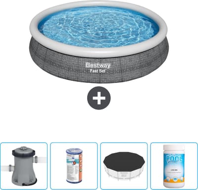 Bestway Rond Opblaasbaar Fast Set Zwembad - Rotanprint - 366 x 76 cm - Inclusief Pomp Filter - Afdekzeil - Chloor