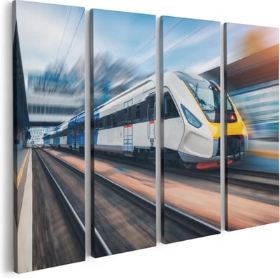 Artaza Canvas Schilderij Vierluik Trein bij het Station - 80x60 - Foto Op Canvas - Canvas Print