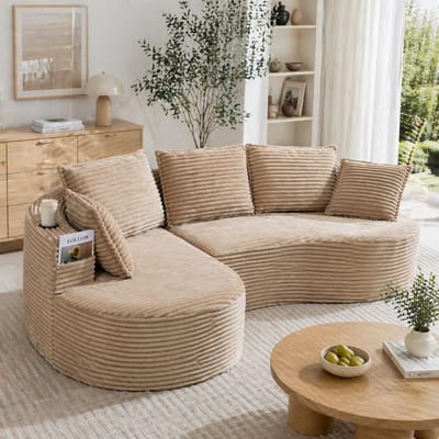 3-Zitsbank, L-Bank, Zachte, Ademende Corduroy Bank met Bekerhouder en Opbergvak, Hoogwaardig Schuim voor Comfortabel Zitten, Inclusief Kussens – Samengeperst en Klaar voor Gebruik, Perfect voor Elke Woonkamer-Khaki