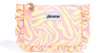 Toilet en make-uptasje Nora – geel en roze - organische print - etui met dessin en rits - 19 x 13 cm