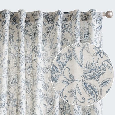Unyqoos® Elegante Linnen Gordijnen met Bloemenprint voor Stijlvolle Interieurs, Set van 2, Blauw op Beige, 140 x 225 cm