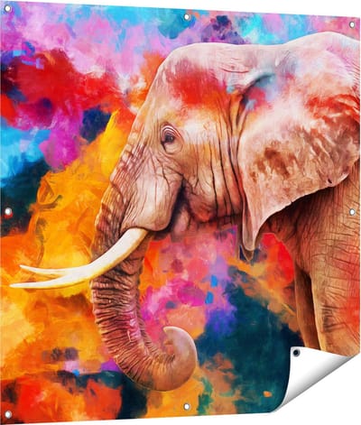 Gards Tuinposter Kleurrijke Olifant - Abstract - 100x100 cm - Tuindoek - Tuindecoratie - Wanddecoratie buiten - Tuinschilderij