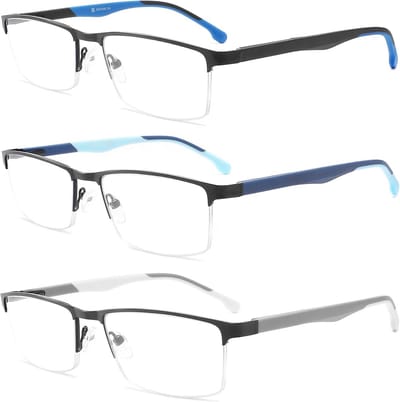 Leesbril voor heren - 3 stuks, anti-blauw licht, metaal, roestvrij staal, lichtgewicht