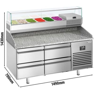 GGM Gastro Pizzakühltisch Premium PLUS - 1490x700mm - mit 4 Schubladen - inkl. Kühlaufsatzvitrine - 6x GN 1/4