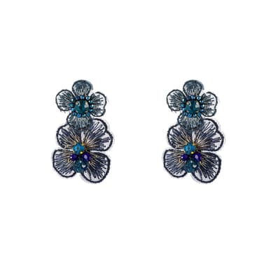 Go Dutch Label Oorknoppen Two Flowers Dangle Donker Blauw