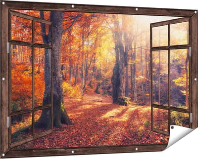 Gards Tuinposter Doorkijk Oranje Herfstbos met Zonneschijn - 150x100 cm - Tuindoek - Tuindecoratie - Wanddecoratie buiten - Tuinschilderij