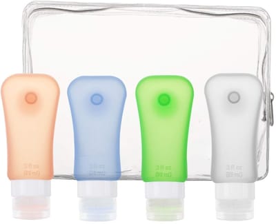 Famanu – Reisflessenset - 4 stuks siliconen lekvrije reiscontainers - lekdicht - navulbare reisflessen - BPA-vrij - reisfles voor shampoo - toiletartikelen - spoeling - verzorgingsproducten - 89 ml