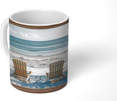 Mok - Koffiemok - Doorkijk - Strandstoelen - Duinen - Zee - Natuur - Mokken - 350 ML - Beker - Koffiemokken - Theemok