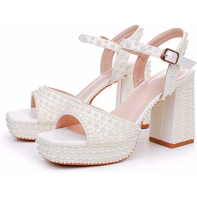 Handgemaakte Volledig Parels Dikke Hak Dames Gladiator Sandalen Zomer Platform Sleehakken Hoge Hakken Chunky Sandalen Schoenen 42 white