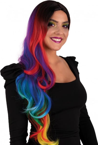 KIMU® Lange Regenboog Pruik Krullen - Zwarte Uitgroei Ombré - Balayage Pride Kleurrijk Foute Party Festival