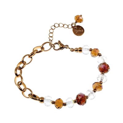 Armband Dames - Verguld RVS - Ovale Schakelarmband met Bruinen Kristallen en Murano Glaskralen - Verstelbaar 16-20cm